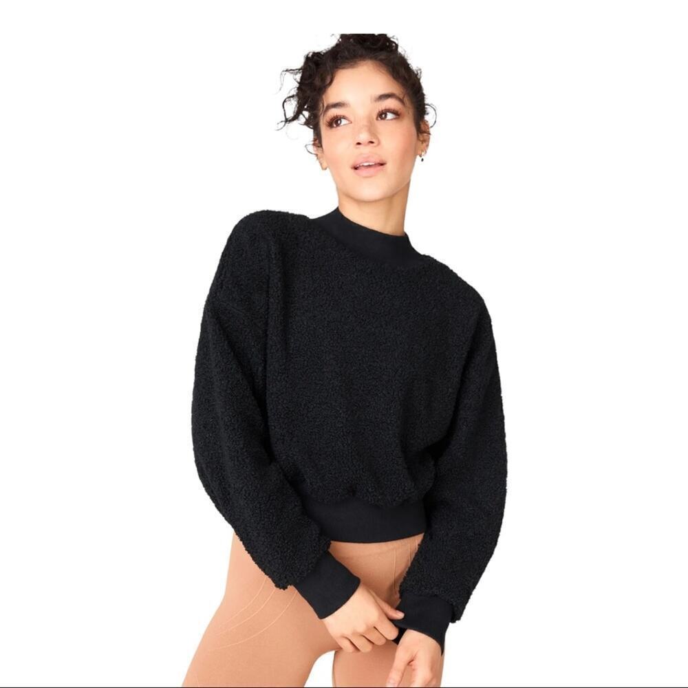 Fabletics Pullover Malia Polar Fleece Black Cropped Teddy Pullover Sweater Large